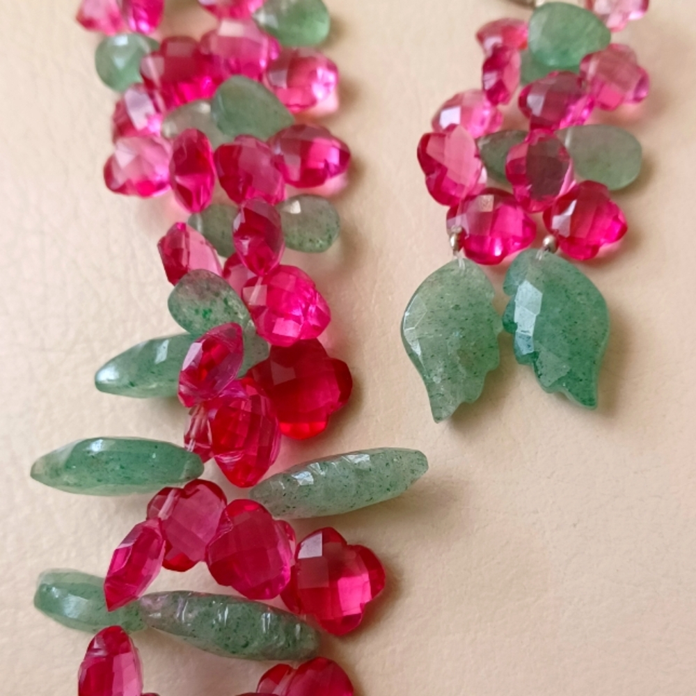 Unique Natural Green Strawberry Quartz leaft And Pink  Quartz Clover  Set